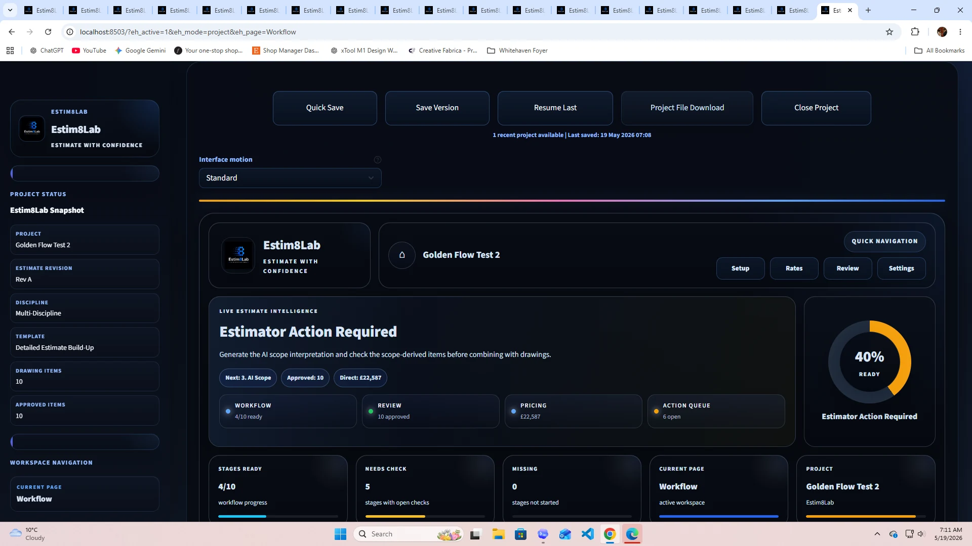 Estim8Lab project workflow dashboard